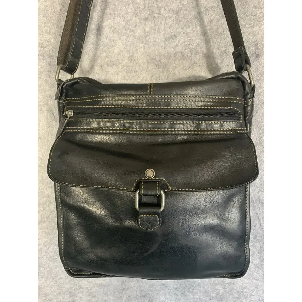 Jack Georges Voyager Crossbody Bag Black Leather Flap Zip Pockets Mens 7205